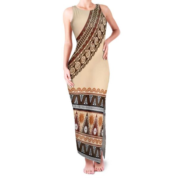 Bula Fiji Tank Maxi Dress 2025 Pasifika Traditional Fijian Masi LT14 - Women / M / Beige