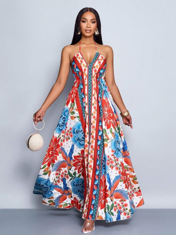 Spring And Summer Women's Floral Print V-Neck Backless Maxi Dress With Waist Drawstring