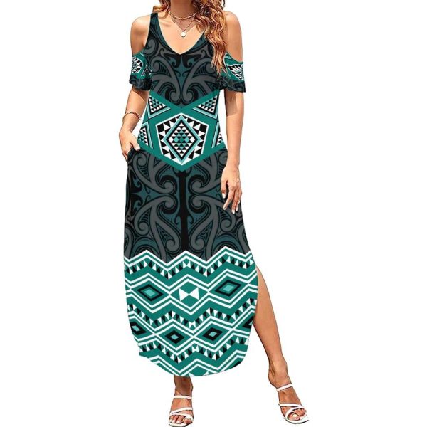 New Zealand Aotearoa Family Matching Summer Maxi Dress and Hawaiian Shirt Turquoise Taniko Art Maori Pattern LT05 - Daughter's Dress / 6 / Turquoise