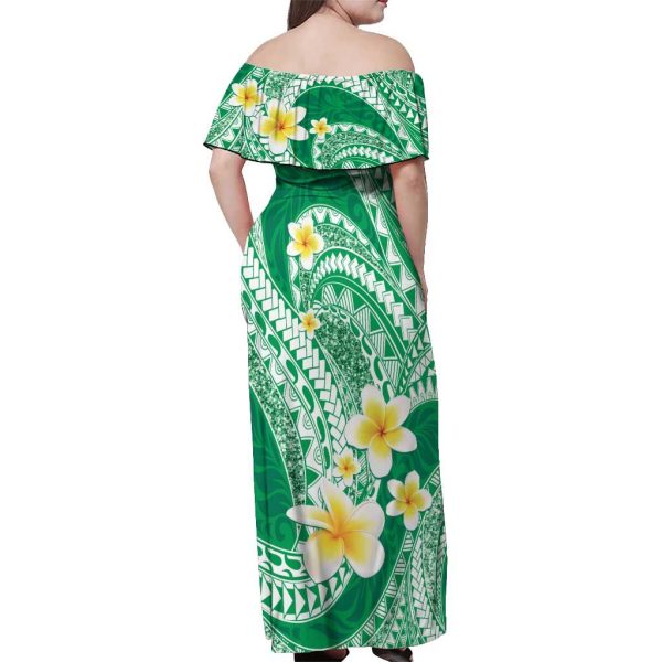 Plumeria Polynesian Green Glitter Pattern Off Shoulder Maxi Dress LT01 - Women / XL / Green