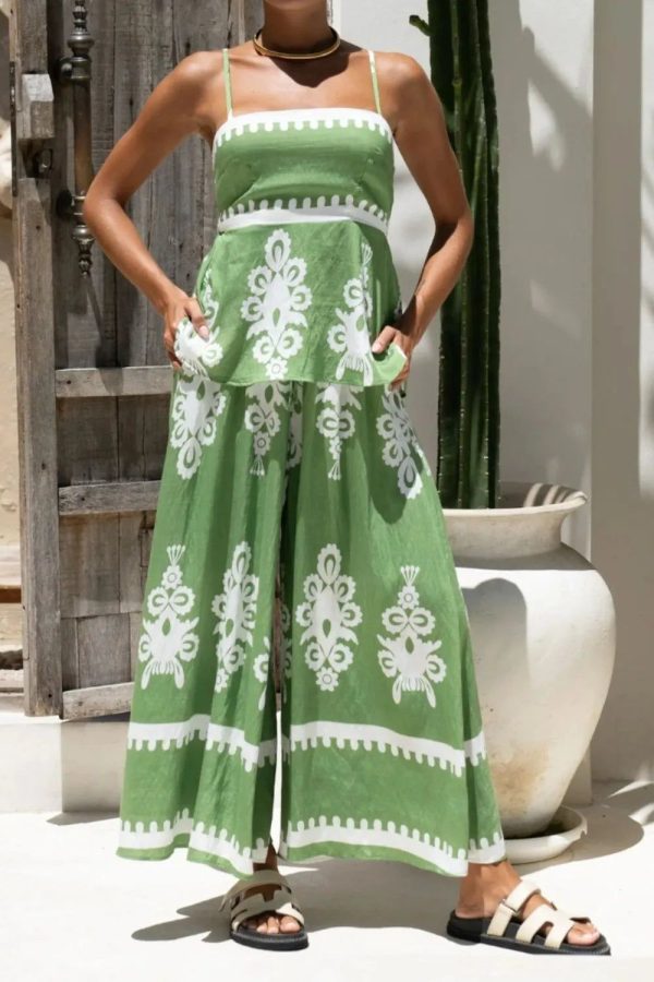 Printed Square Neck Cami and Wide Leg Pants Set