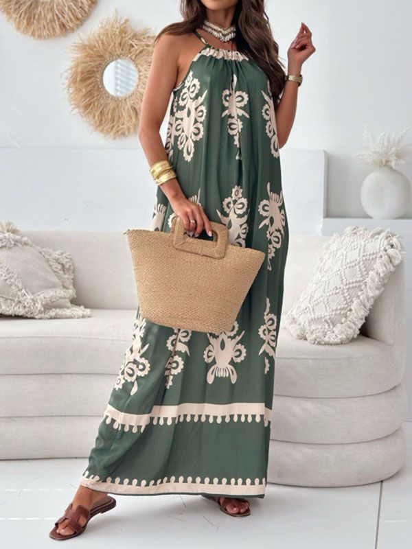 Printed Split-Joint Loose Sleeveless Spaghetti-Neck Maxi Dresses GREEN-L