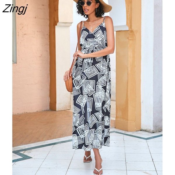 Zingj Floral Print Sexy Dress for Women Summer Dresses 2022 New Street V-Neck Backless Elasticated High Waist Midi Slip Dress White-L
