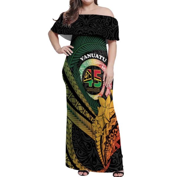 Personalised Vanuatu Independence Day Off Shoulder Maxi Dress July 30 Pig Tusk Long God Yumi Stanap LT14 - Women / S / Black
