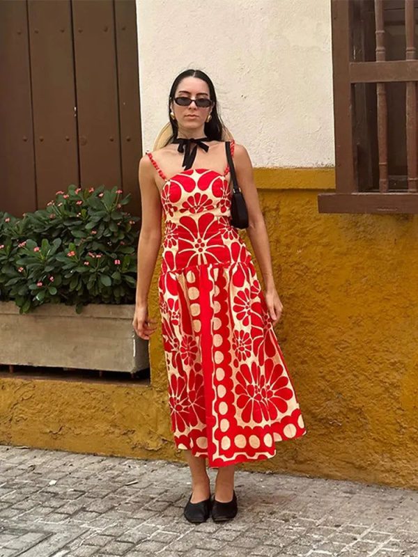 Fashion Red Print Spaghetti Strap Dress Women Sexy Backless Sleeveless Sling Robe Summer Female Casual Party Beach Vestidos - red / M