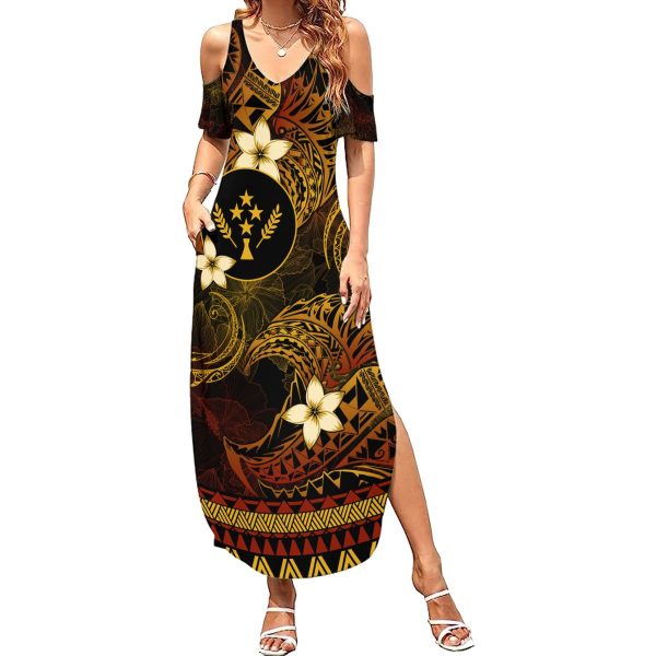 FSM Kosrae State Summer Maxi Dress Tribal Pattern Gold Version LT01 - Women / S / Gold