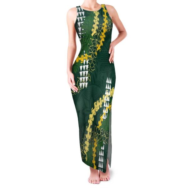 Hawaii Aloha Kakau Tank Maxi Dress Green Puakenikeni and Maile Lei Twist LT7 - Women / L / Green