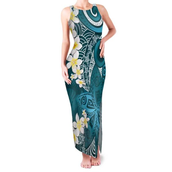 Cyan Polynesian Tribal Frangipani Tropical Vibe Tank Maxi Dress LT14 - Women / 4XL / Cyan