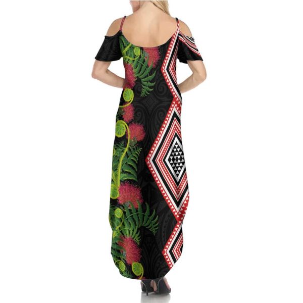 Aotearoa Tukutuku Motif Summer Maxi Dress Pohutukawa and Fern Leaves LT03 - Women / 4XL / Black