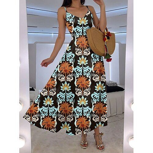 Women's Maxi Dress A Line Dress Slip Dress Vacation Casual Boho Outdoor Going out Regular Fit Graphic Tropical Sleeveless V Neck Brown Summer Spring
