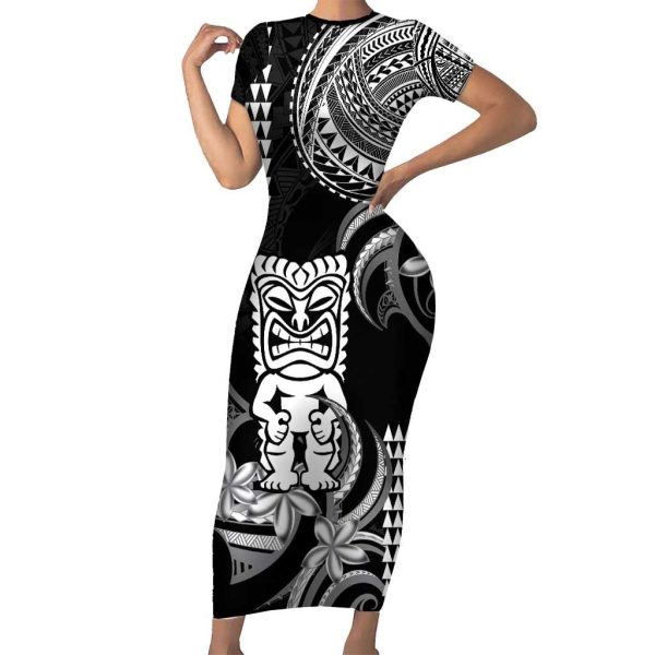 Hawaii Ku God Short Sleeve Bodycon Dress Kakau Mix Polynesian Tattoo LT14 - Long Dress / XL / Black