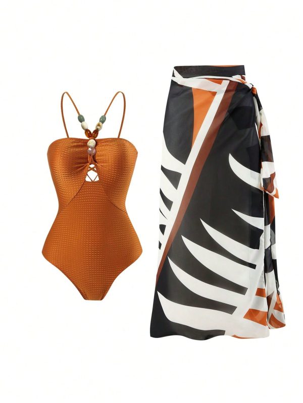 2023 New Style Women's Vintage Spa Bathing Suit And Chiffon Cover-Up Skirt 2pcs Set, One Size Summer