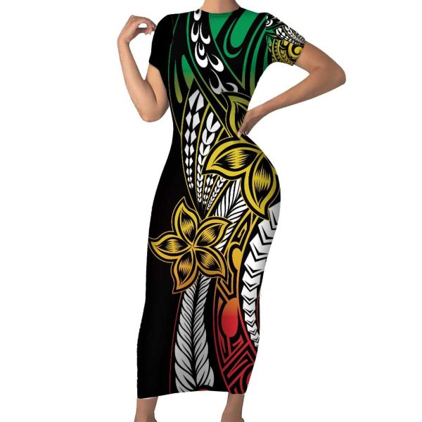 Polynesian Plumeria Floral Tattoo Pattern Short Sleeve Bodycon Dress Reggae Style LT9 - Long Dress / 2XL / Reggae