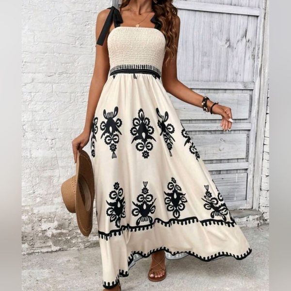 Shein Dresses | New Womens Size 8/10 Large Black Cream Smocked Printed Wide Strap Maxi Dress | Color: Black/Cream | Size: 8