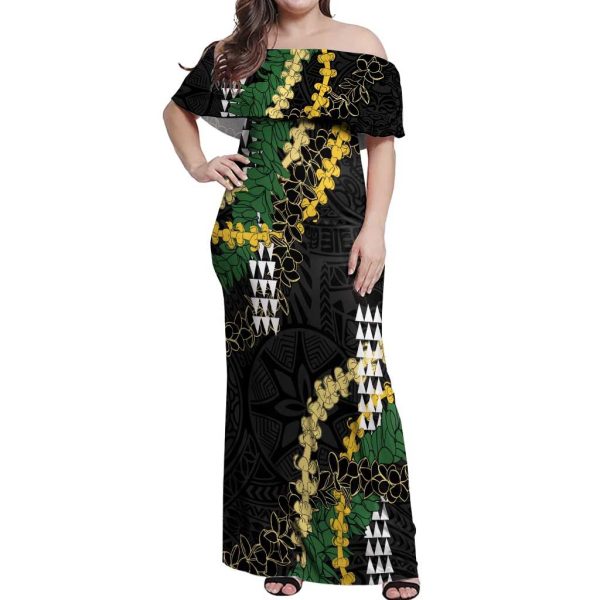 Hawaii Aloha Kakau Off Shoulder Maxi Dress Puakenikeni and Maile Lei Twist LT7 - Women / XL / Black