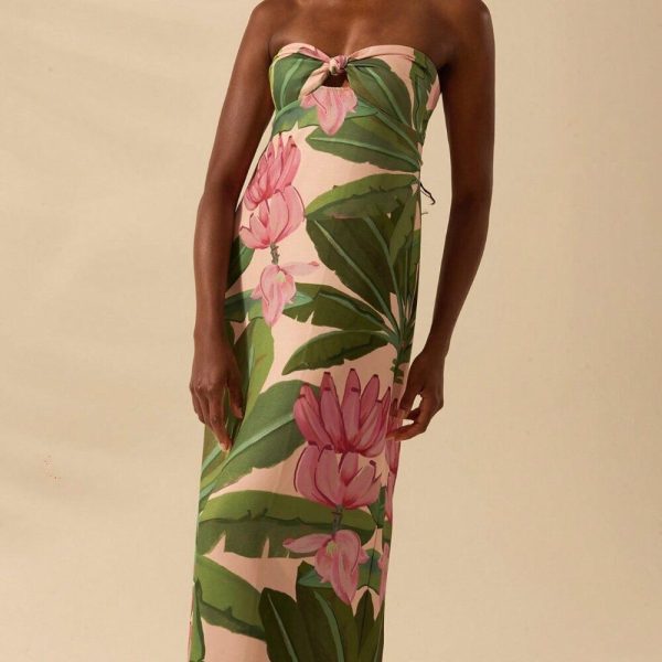 Multicolor Boho Women's Tropical Print Twist Back Lace-Up Sleeveless Dress | Color: Green/Pink | Size: Various