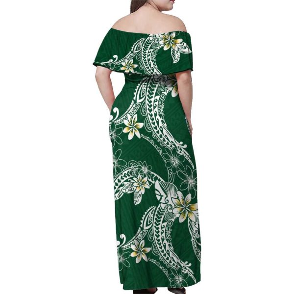 Polynesian Hawaiian Plumeria Tribal Pattern Family Matching Off Shoulder Maxi Dress and Hawaiian Shirt Green Version LT01 - Son's Shirt / 14 / Green