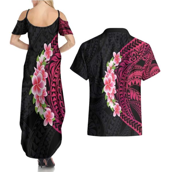 Hawaiian Tropical Plumeria Art Polynesian Tattoo Couples Matching Summer Maxi Dress and Hawaiian Shirt Black and Bright Pink Color LT03 - S / S / Pink