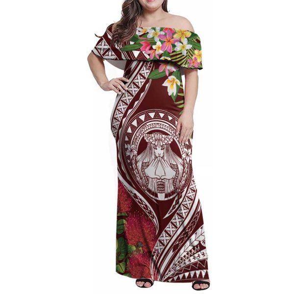 Aloha Hawaii Big Island Family Matching Off Shoulder Maxi Dress and Hawaiian Shirt Ohia Lehua Wahine LT7 - Mom's Dress / 7XL / Red