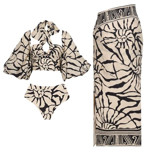Detachable Puff Sleeves Printed High Waist Bikini Swimsuit and Skirt Flaxmaker