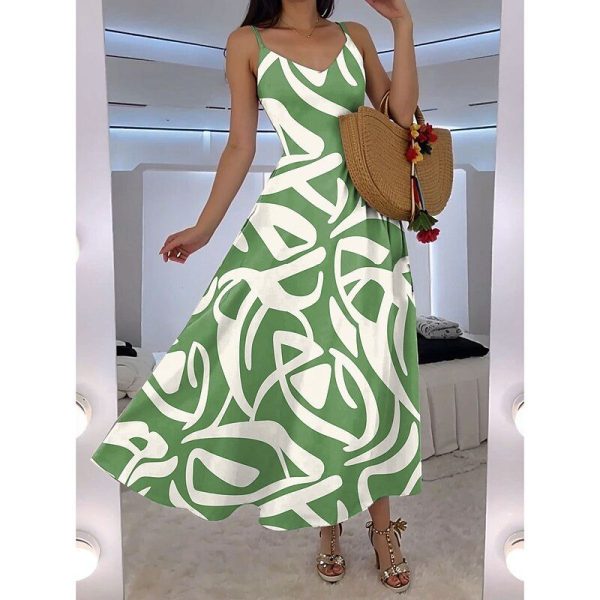 Women's Maxi Dress A Line Dress Slip Dress Vacation Casual Beach Outdoor Going out Standard Fit Graphic Geometric Abstract Sleeveless V Neck Red Blue Green Summer