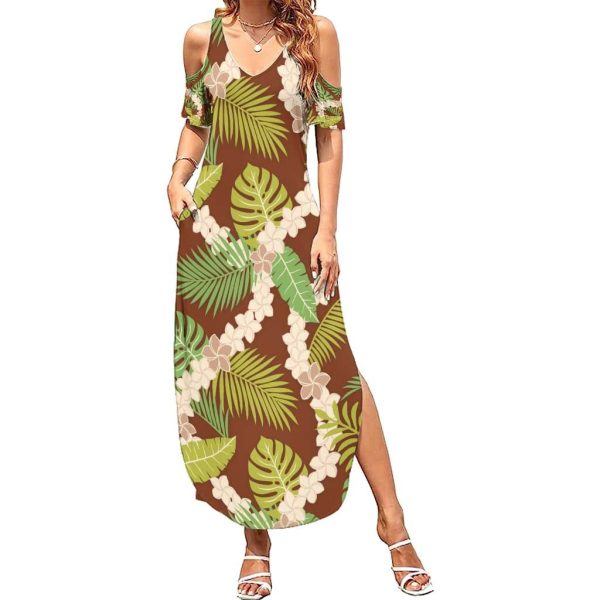 Brown Hawaii Plumeria Lei With Tropical Leaves Family Matching Summer Maxi Dress and Hawaiian Shirt LT14 - Mom's Dress / L / Brown