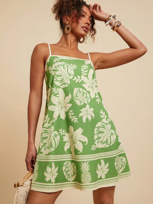 Summer Out Holiday Date Dress, Summer Leisure Tropical Flora And Fauna Print Halter A Swing Women's Dress, Holiday Summer Beach Dress, Back-To-School Dress, Very Simple Dress, Office Dress, Old Money Dress, Teacher Dress, Dating Dress, Green Pattern Printed Dress, Going Out For Wedding Season Bestie Afternoon Tea Party Holiday Dress, Going Out For Music Festival Dress
