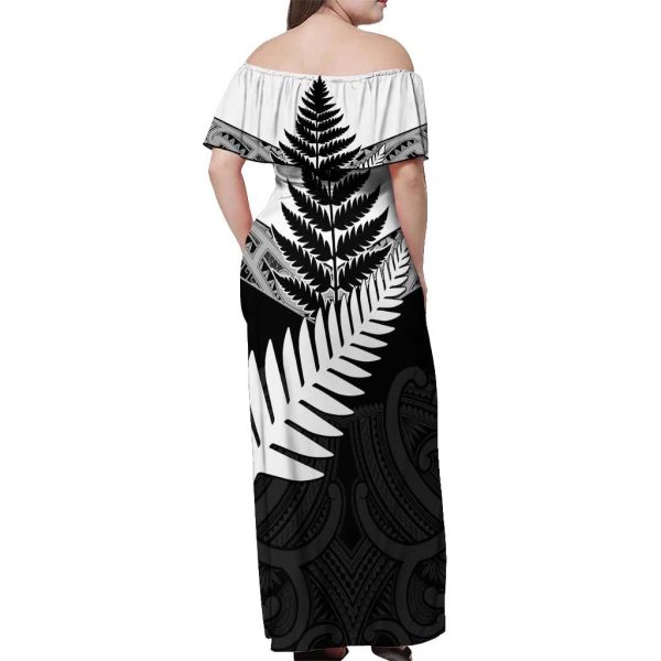 New Zealand Silver Fern Off Shoulder Maxi Dress Maori Koru Mixed Taniko Pattern LT9 - Women / 9XL / White