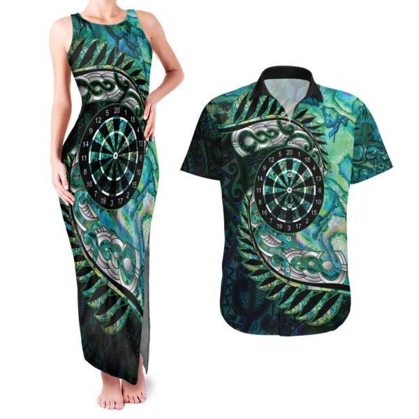 New Zealand Darts Personalised Couples Matching Tank Maxi Dress and Hawaiian Shirt Aotearoa Silver Fern Green Papua Shell Spirit LT9 - M / 6XL / Green