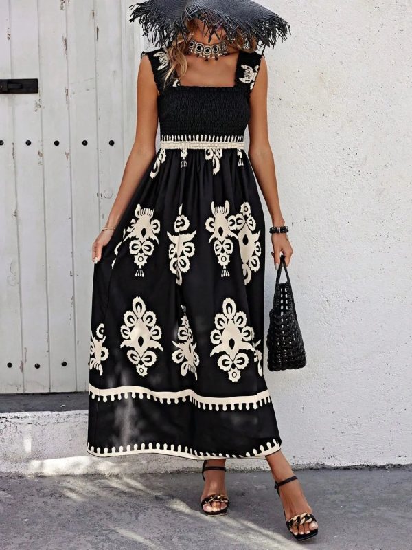 Hazel Blues® |  Smocked Printed Wide Strap Maxi Dress - Black / M