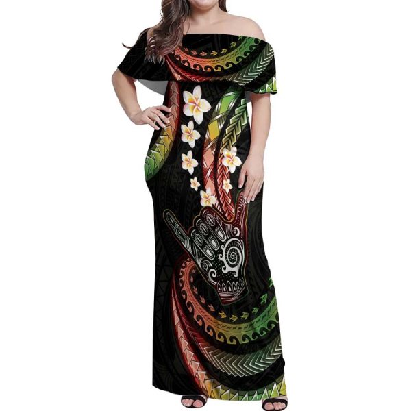 Hawaii Shaka Sign Off Shoulder Maxi Dress Fantastic Frangipani Reggae LT01 - Women / 10XL / Reggae