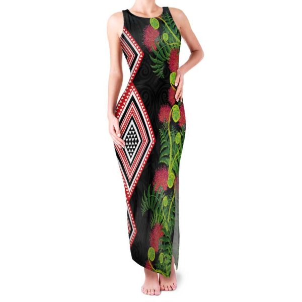Aotearoa Tukutuku Motif Family Matching Tank Maxi Dress and Hawaiian Shirt Pohutukawa and Fern Leaves LT03 - Dad's Shirt - Short Sleeve / S / Black
