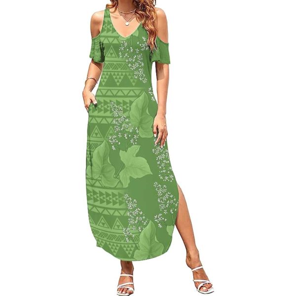 Hawaii Molokai Island Kukui Nut Flowers Summer Maxi Dress Tribal Kakau Pattern LT9 - Women / M / Green