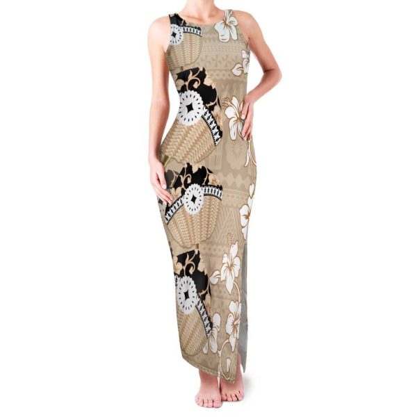 Bula Fiji Iri Buli Family Matching Tank Maxi Dress and Hawaiian Shirt Woven Fan With Fijian Tapa LT14 - Mom's Dress / 3XL / Beige