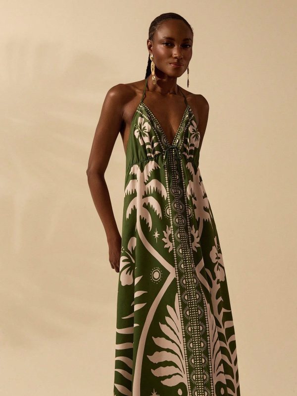 Women's Tropical Bohemian Floral & Coconut Tree Print Spaghetti Strap Tie Waist Casual Beach Maxi Dress, Summer