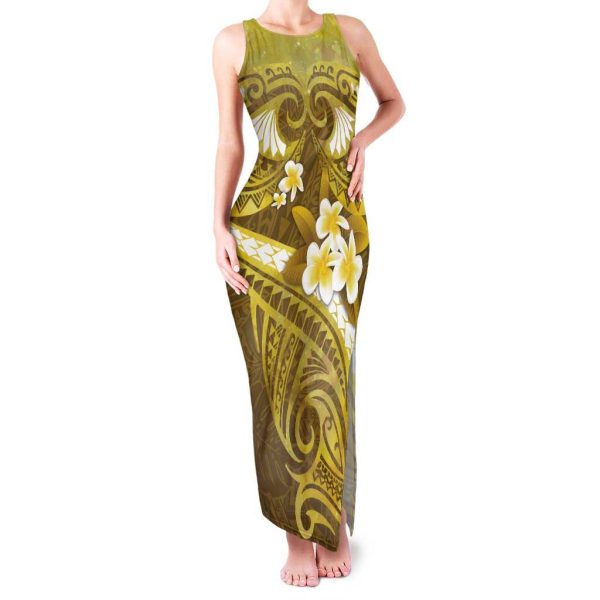 Gold Polynesia Tank Maxi Dress Tribal Pattern Tropical Frangipani LT14 - Women / 4XL / Gold