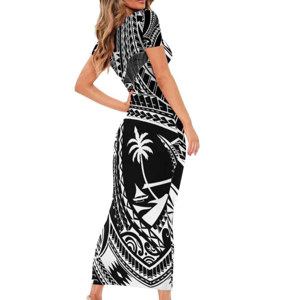 Hafa Adai Guam Inspired Tattoo Short Sleeve Bodycon Dress LT9 - Long Dress / 2XL / Black
