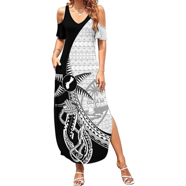 Guam Fish Hook and Palm Tree Family Matching Summer Maxi Dress and Hawaiian Shirt Polynesian Pattern Half Style LT03 - Daughter's Dress / 10 / White