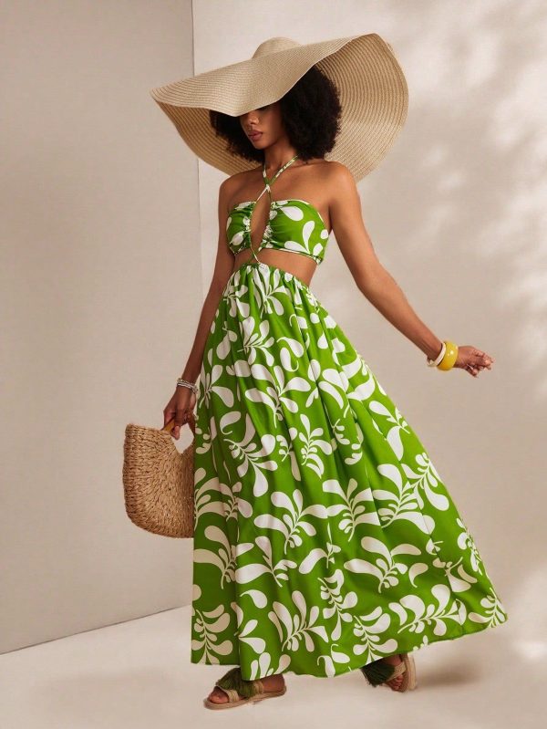 Stylish Green Plant Print Halter Dress for Effortless Hawaiian Vibes - Perfect for Spring and Summer Vacations - M
