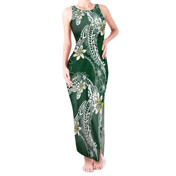 Polynesian Hawaiian Plumeria Tribal Pattern Tank Maxi Dress Green Version LT01 - Women / L / Green