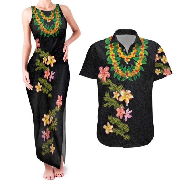 Hawaiian Lei Plumeria and Tropical Leaves Couples Matching Tank Maxi Dress and Hawaiian Shirt Watercolor Style LT03 - XL / 2XL / Black
