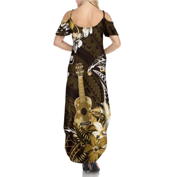 Hawaii Ukulele Summer Maxi Dress Polynesian Pattern Mix Hibiscus Gold Version LT05 - Women / 5XL / Gold