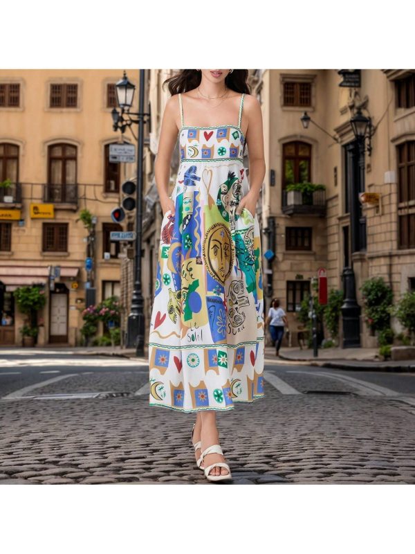Women's Summer Boho Spaghetti Strap Square Neck Ruffle Casual Flowy Long Dress Beach Swing Party Maxi Dress