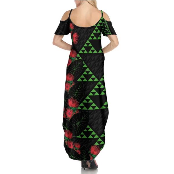 Hawaiian Green Kakau Art Tattoo-Ohia Lehua and Taro Leaves Summer Maxi Dress LT03 - Women / L / Black-Green