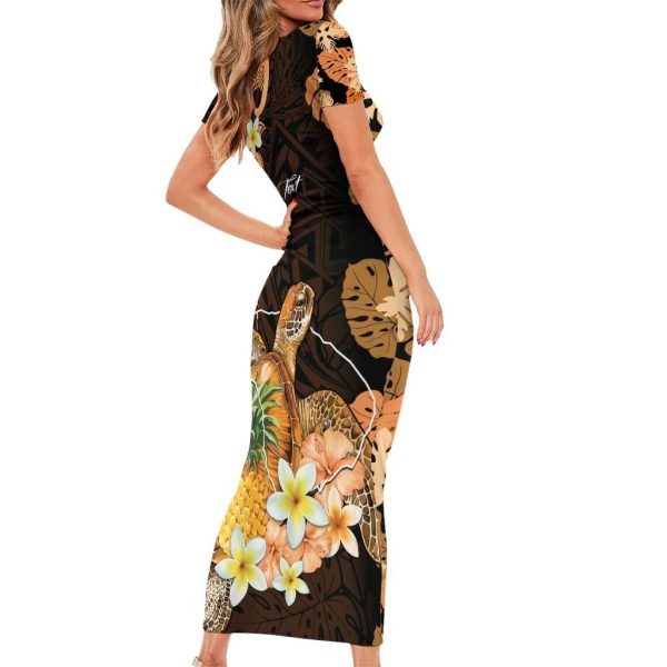 Personalised Aloha Hawaii Lanai Island Short Sleeve Bodycon Dress Pineapple Isle Map Sea Turtle Plumeria LT14 - Long Dress / 4XL / Orange