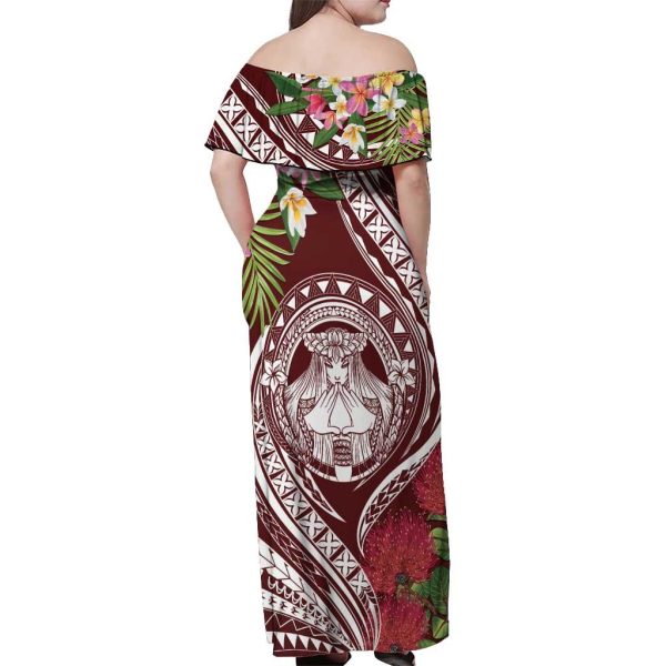 Aloha Hawaii Big Island Off Shoulder Maxi Dress Ohia Lehua Wahine LT7 - Women / 9XL / Red