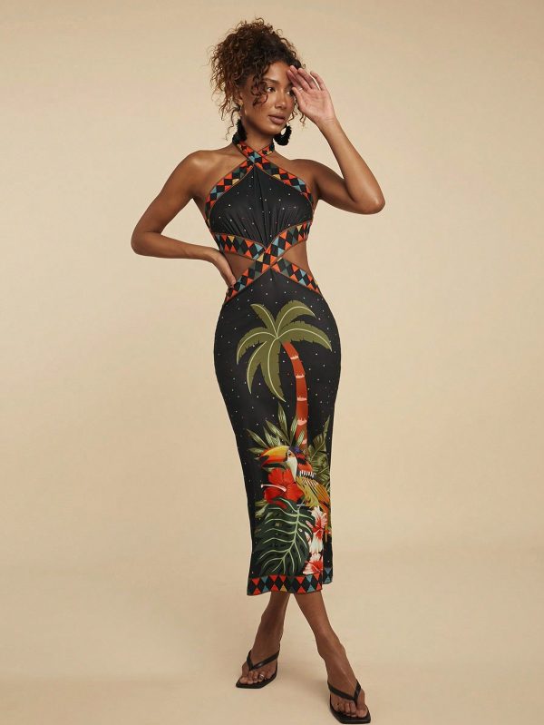 Women Tropical Print Halter Neck Bodycon Dress,Casual Vacation Beach Wear