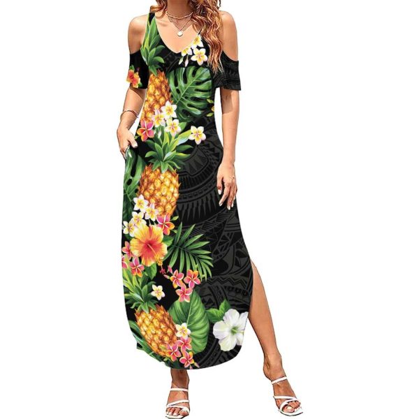 Hawaii Pineapple Tropical Summer Maxi Dress Colorful Hibiscus Plumeria LT01 - Women / 5XL / Black