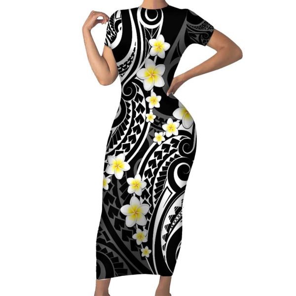 Plumeria With Black Polynesian Tattoo Pattern Short Sleeve Bodycon Dress LT05 - Long Dress / S / Black