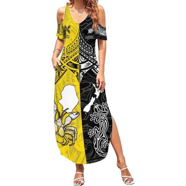 Custom New Zealand Maori And Niue Hiapo Family Matching Summer Maxi Dress and Hawaiian Shirt Lizard And Coconut Crab Together LT05 - Mom's Dress / 5XL / Yellow